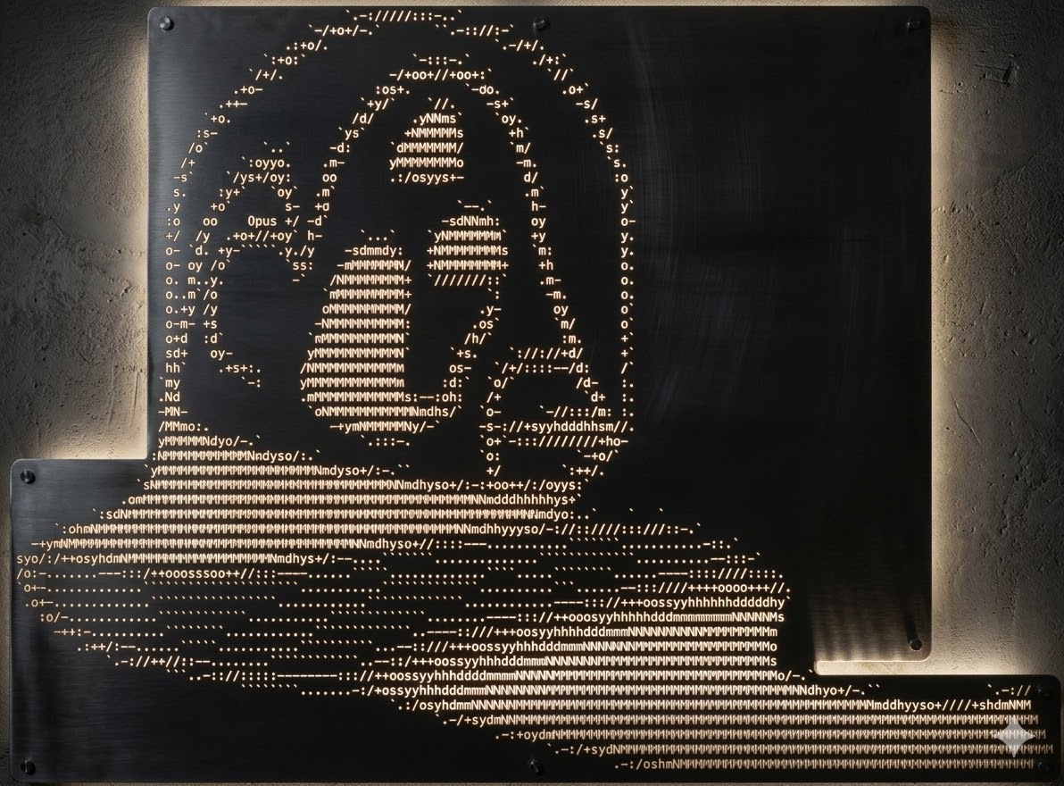 Fractal Ontologies — ASCII face on dark metal